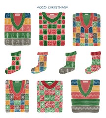 Watercolor set with Christmas winter sweaters and socks, cozy illustrations for cards 