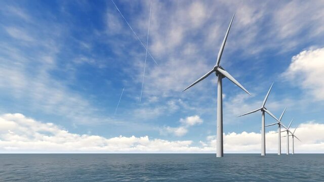 Wind turbines on the sea sunny weather