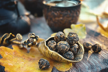 elite varieties of Chinese tea. Elite tea flowers made of dragon pearls. fermented tea balls...
