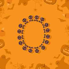 Halloween letter O from skulls and crossbones for design. Festive font for holiday and party on orange background with pumpkins, spiders, bats and ghosts