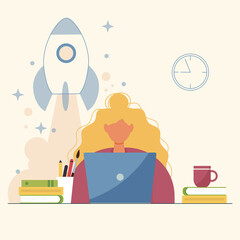 Obraz premium Woman with laptop vector illustration. Studying, education, working, freelancing and work from home, productivity and efficiency concept. Rocket taking off on the background.