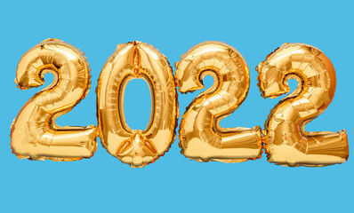 Christmas foil balloons 2022 banner. 2022 Foil golden balloons text isolated on color blue...