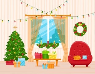 Christmas room interior in flat style. Christmas tree, soft armchair, gifts and decor. Vector illustration for winter season greeting, invitation, advertising, poster, card, banner, print, template