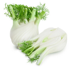 fresh fennel bulb with half isolated on white background with full depth of field - obrazy, fototapety, plakaty