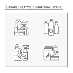 Recycled materials line icons set. Reusable products. Waste of glass, plastic and paper. Ecology concept. Isolated vector illustrations. Editable stroke