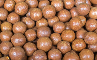 Macadamia nuts are a lot of pile as a background and texture. The concept of useful foods and proper nutrition, natural vitamins and minerals not cleaned in the shell, antioxidants