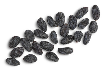 Black raisin isolated on white background with clipping path. Top view. Flat lay