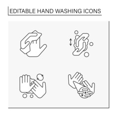 Hand washing line icons set. Rules for cleaning palms. Disinfection. Hygiena concept. Isolated vector illustrations. Editable stroke