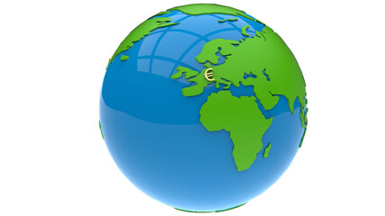 3D rendering - world globe with the Euro sign over Europe