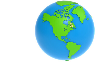 3D rendering - globe with dollar sign over USA