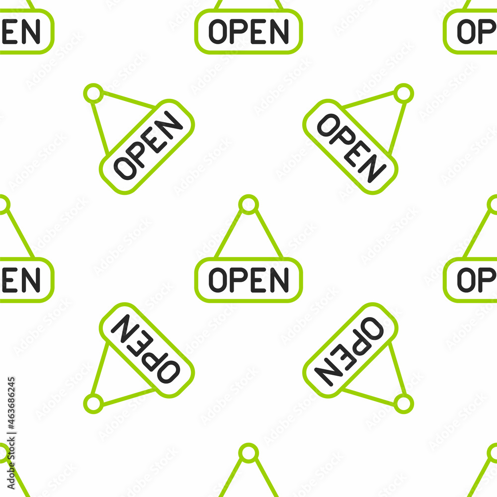 Aufkleber line hanging sign with text open door icon isolated seamless pattern on white background. vector