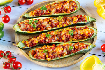Zucchini stuffed with meat stuffing and corn baked with mozzarella