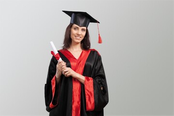 Young Graduation woman Holding Certificate on Background
