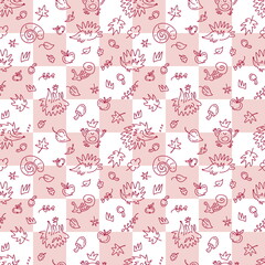 Seamless pattern of hedgehogs and autumn elements doodles on a checkered background. Perfect for fabric, scrapbooking, textile and prints. Sketch style illustration for decor and design.