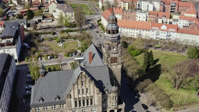 Drone flight around the town hall of Wittenberge in the federal state of Brandenburg in Germany