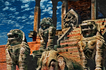 Detail of stone sculptures and staircase on the Nyatapola Temple, in Bhaktapur. An ancient village in the countryside of Nepal. Oil paint filter.