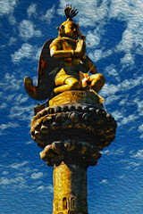 Statue cast in gilded metal representing a Hindu god, on a pillar top at Bhaktapur. An ancient village in the countryside of Nepal. Oil paint filter.