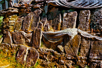Pile of stone slabs carved with Buddhist prayers and holy words at the Himalayas. The world highest mountain range, in Nepal. Oil Paint filter.
