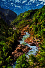 Mighty stream running through mountains and deep valleys at the Himalayas. The world largest and highest mountain range, in Nepal. Oil Paint filter.