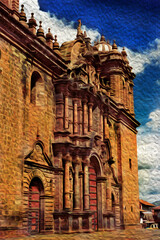 Baroque Cathedral at the Plaza de Armas, in Cusco. The ancient capital of the Inca Empire in Peru and major tourist destination. Oil paint filter.