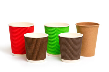 Five colored paper glasses, Coffee shop mockup.