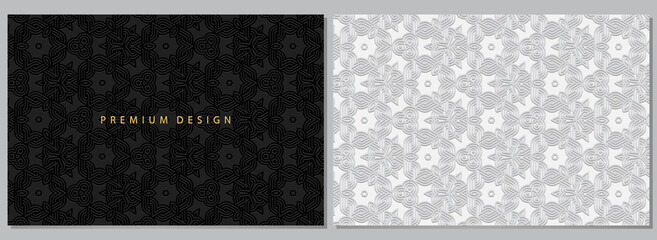 Abstract banners, set of white and black cover designs, horizontal vintage vector templates. Geometric volumetric convex ethnic 3D pattern. Eastern, Indonesian, Mexican, Aztec style.