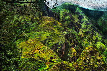 Agricultural terraces on cliffs with rainforest in the old Inca city of Machu Picchu. The most visited tourist attraction in Peru. Oil paint filter.
