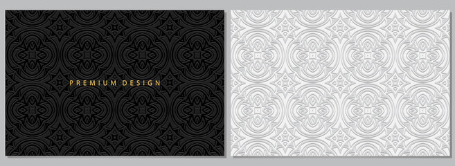 Artistic banners, set of white and black cover designs, horizontal vintage vector templates. Geometric volumetric convex ethnic 3D pattern. Eastern, Indonesian, Mexican, Aztec style.