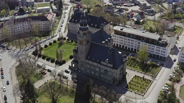 Drone flight around the town hall of Wittenberge in the federal state of Brandenburg in Germany
