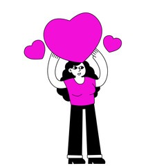 Woman stand with heart. Young female character. Romance and love. Girl with a cute gift. Flat cartoon illustration
