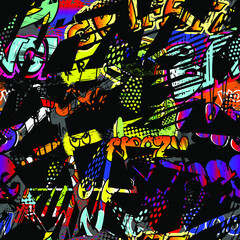 Abstract seamless graffiti print for teen. Urban style modern background with words and spray elements. Creative pattern