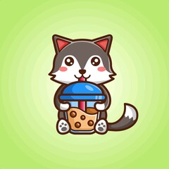 Cute little wolf drinking a cup of chocolate drink