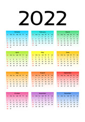 Calendar for 2022 isolated on a white background