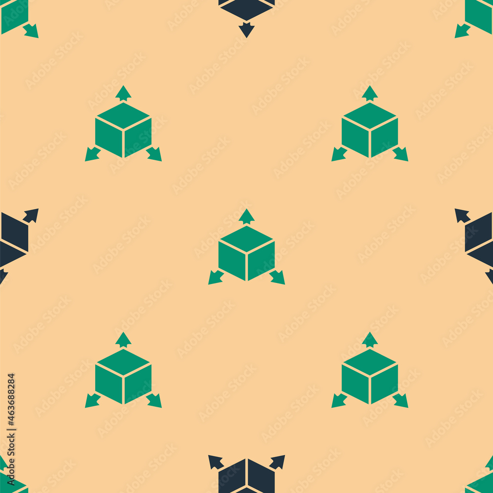 Aufkleber green and black isometric cube icon isolated seamless pattern on beige background. geometric cubes s