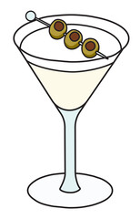 Dry Martini variation cocktail in specific glass. Gin based transparent drink garnished with olives. Stylish doodle cartoon vector illustration good for cards, menu decoration, posters.