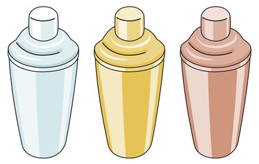 Collection set of three Cobbler French silver gold copper Shaker bar accessory. Hand-drawn doodle cartoon style vector image. For bartender website design, cocktail making process illustration