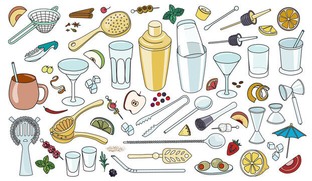 Various bar cocktail tool accessories instruments such as shaker glasses strainers jiggers. Collection set of hand-drawn doodle cartoon style vector icon illustrations. For bar menu website design