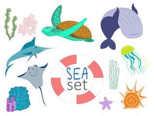 Set of vector illustrations on the marine theme. Sea turtle, sawfish, stingray, jellyfish, whale. Printable Marine Stickers