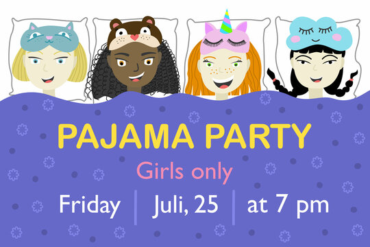 Pajama party. Vector pajama party invitation and poster template. Four girls of different nationalities wearing sleep masks under one blanket. Friendship of children of different races