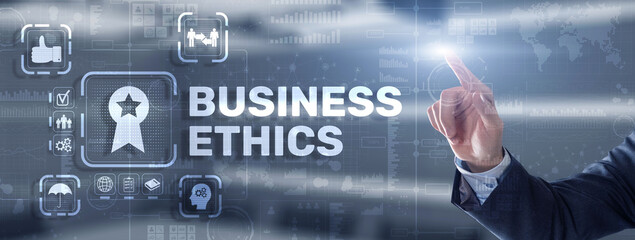 Business ethics Behavior and manners concept. Businessman pressing button on virtual screen