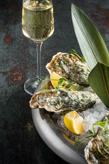 Oysters served on stone plate with ice drift