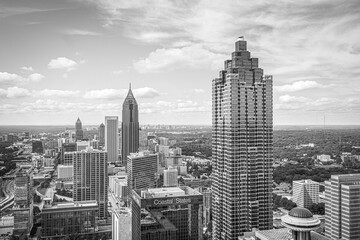 Birds eye view of Atlanta, Georgia, skyline and highrise skyscraper office buildings