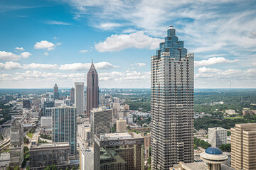Birds eye view of Atlanta, Georgia, skyline and highrise skyscraper office buildings