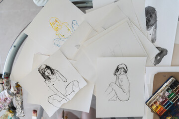 Set of lovely drawings and box of used watercolors