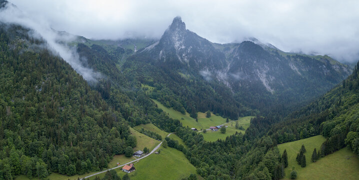 green alpine valley aerial view, french Alps