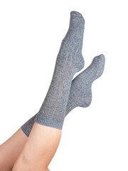 Gray warm high socks on woman legs elegant isolated on the white background