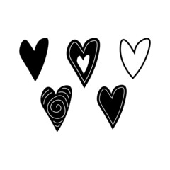Set of hearts of different shapes in black and white color