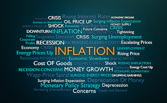 Inflation word cloud. The word Inflation is framed by different words how describes the phenomenon, like rising interest rates and prices of commodities and consumer goods. 3D illustration.