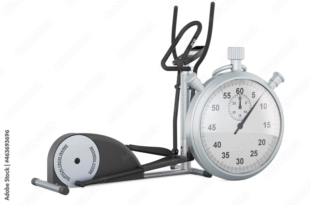 Poster stopwatch with elliptical trainer, 3d rendering