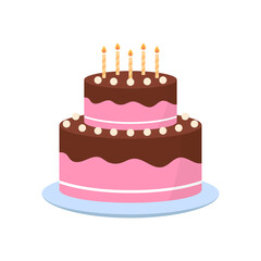 Pink Cute Cake with Icing Chocolate Cream on Plate for Birthday, Anniversary, Wedding. Colorful Sweet Tasty Bakery. Delicious Cake with Candles for Birthday Party. Isolated Vector Illustration